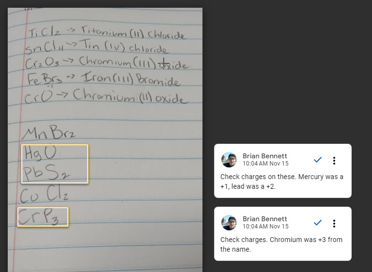 A screenshot of the Google Classroom interface with comments on top of student work as a picture