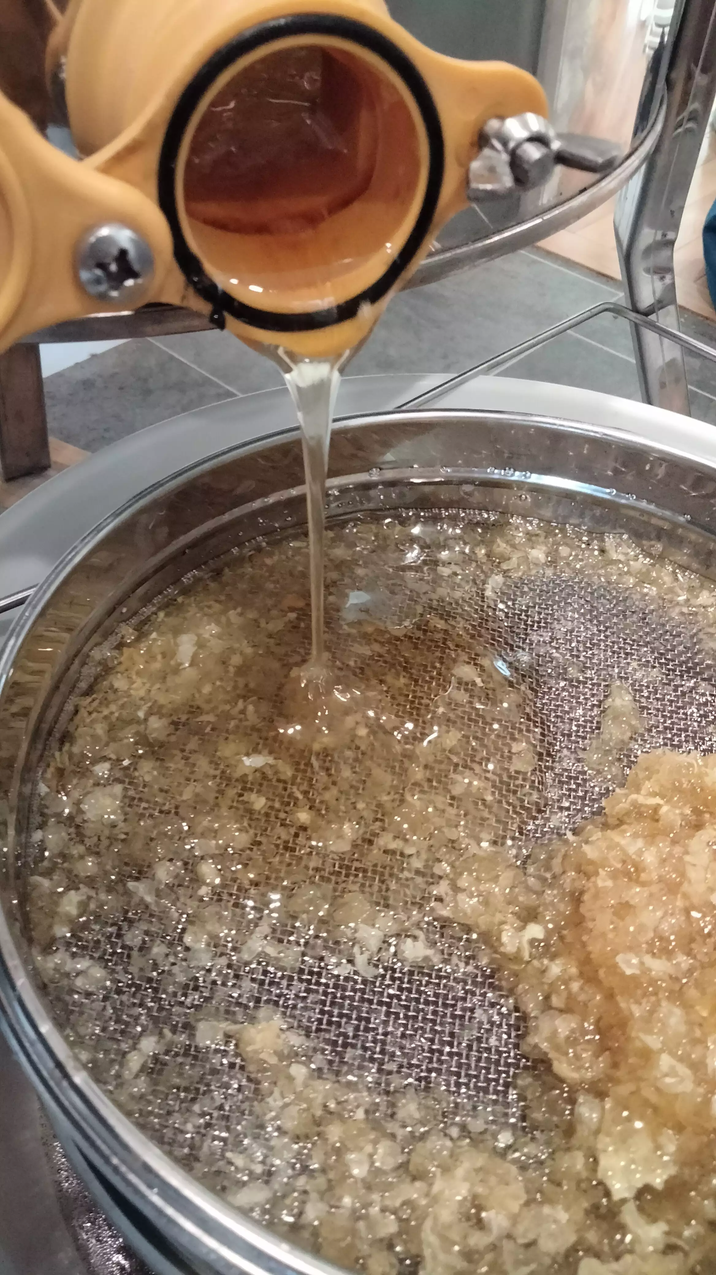 Honey flowing out of a valve on the extractor tub into a mesh sieve to clean out wax and bee bits