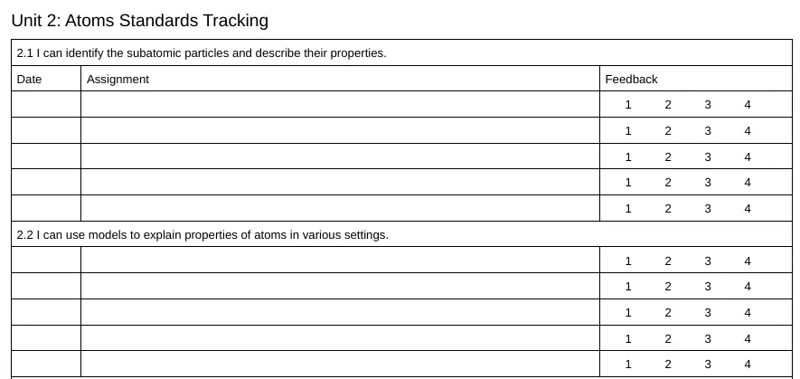 A table showing the learning standards and places for students to note the date, assignment name, and feedback received on that assignment.