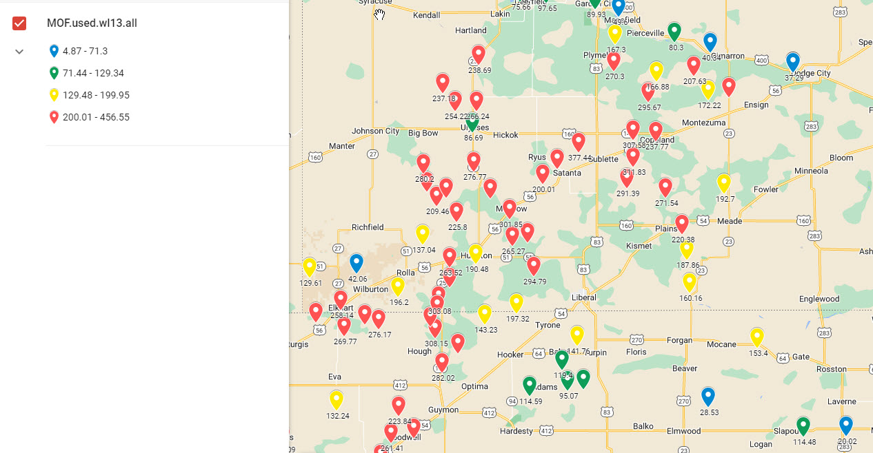 A Google Map showing locations of wells on the Ogallala Aquifer color coded by their water level below the surface.