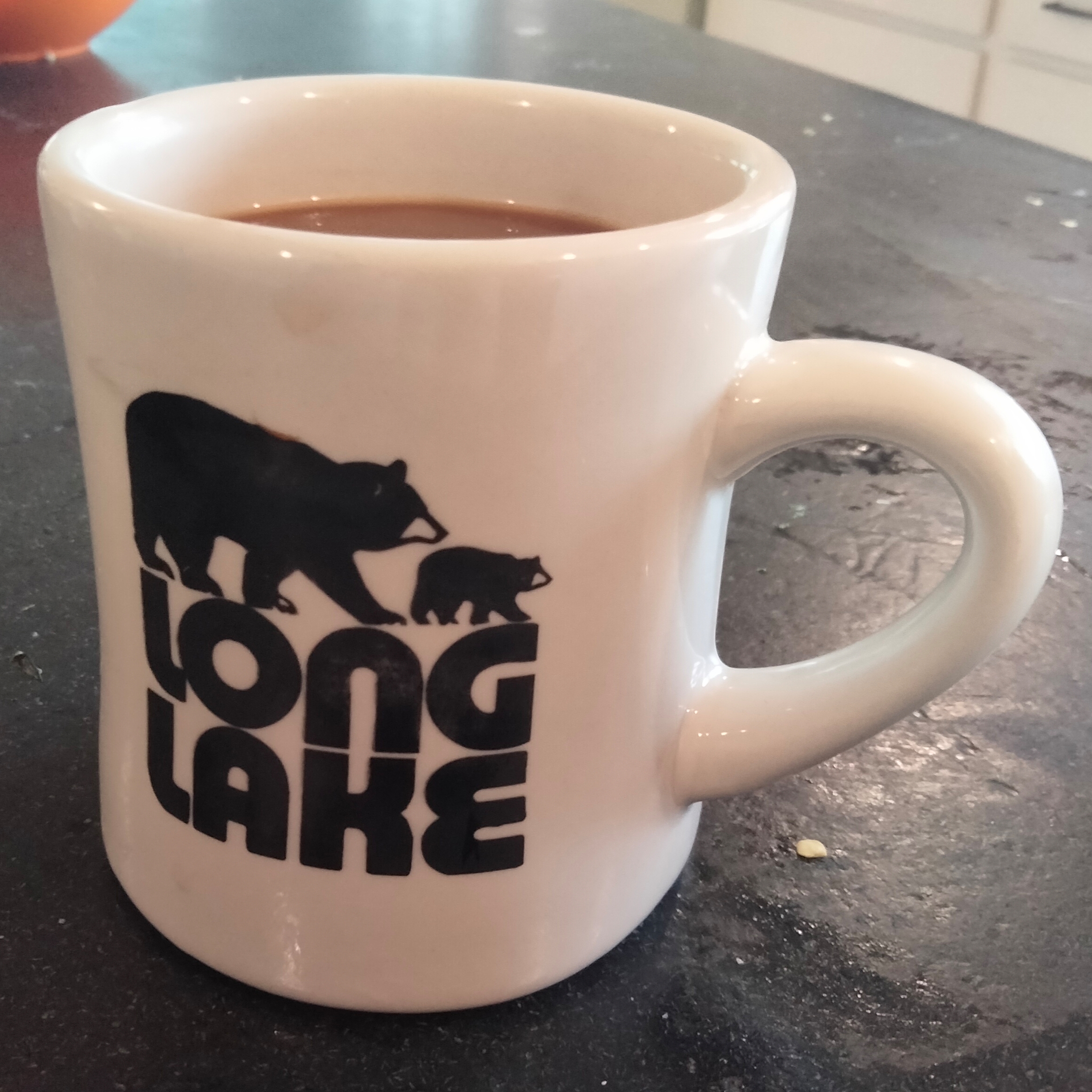 A diner style mug made of white ceramic. The words "Long Lake" are printed in rounded font with two bears walking together above the text.