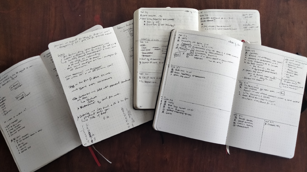 Four black notebooks laid open on a table.