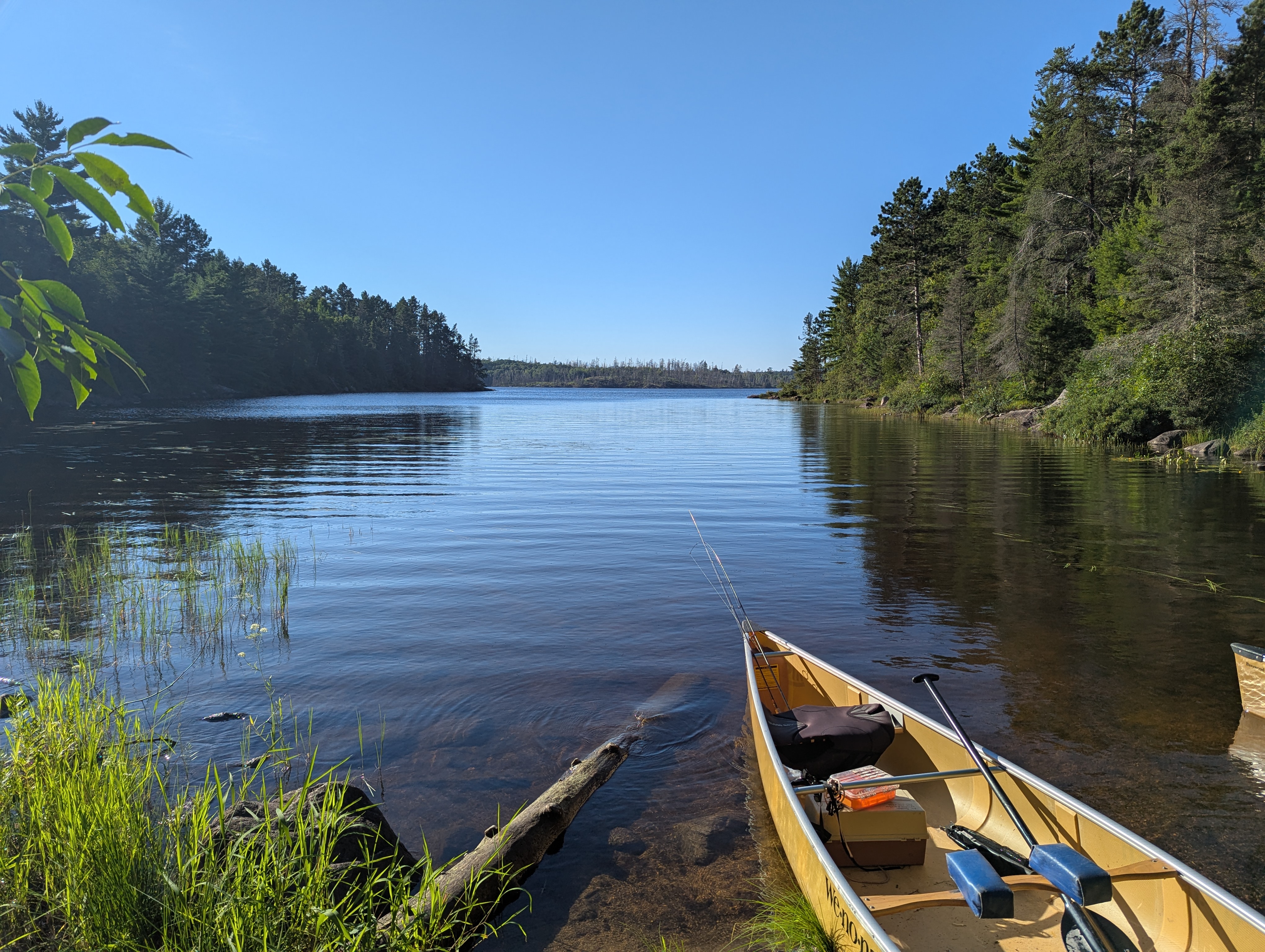A yellow canoe with fishing poles rests on the banks of a narrow lake.