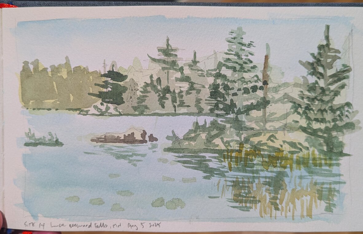 A landscape watercolor. A small island is in the foreground. Distant trees are hinted in the background.