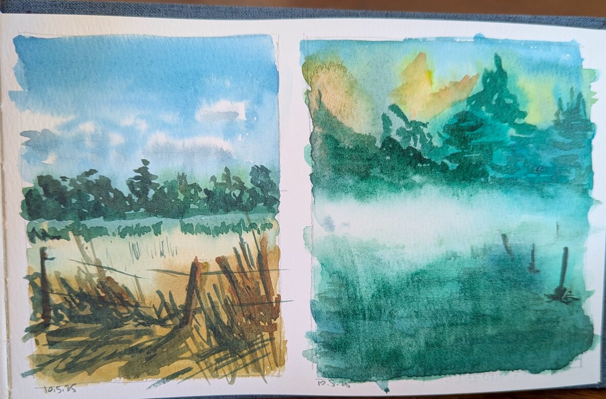 Two small watercolor landscapes. The left side is sunlit with a fence and grassy field in the foreground. A line of trees is visible in the middle and background. The right side is a foggy morning. A cool field runs to some trees shourded in mist.