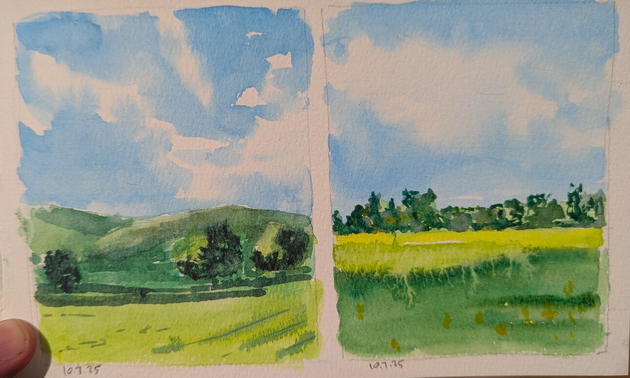 Two small watercolor landscapes. The left is a green field with trees in the middle ground in front of distant hills. The bright sun casts long shadows from left to right. The right side is a bright field with yellow flowers starkly contrasted against a green foreground and trees in the distance.