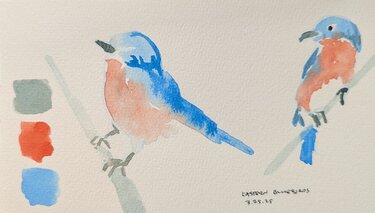 Two loosely painted bluebirds. The bird on the right has a wonky beak.