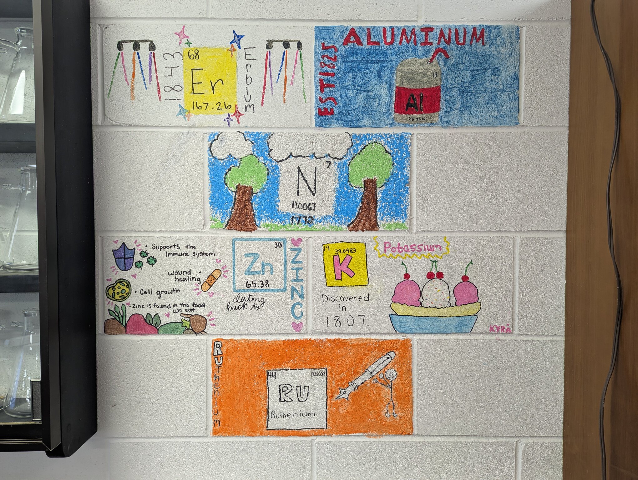 Several painted cinderblocks. Potassium, Zinc, Aluminum, Erbium, Ruthenium, and Nitrogen are featured. Each brick is colorful and features a scene which represents that atom's properties. Scenes include a landscape for nitrogen because it is plentiful in our atmosphere. Aluminum has a can. Erbium has lasers. Ruthenium has a fountain pen because it is used in the nibs .Potassium has a banana split. Zinc has health information.