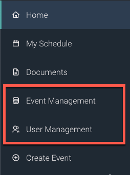 A navigation menu with 'Home', 'My Schedule', 'Documents', 'Event Management', 'User Management', and 'Create Event' listed as choices.
